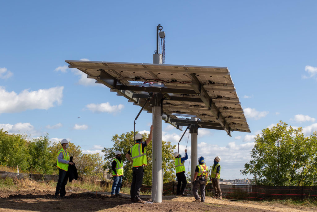 Raising solar panels at Lincoln Park Solar Garden