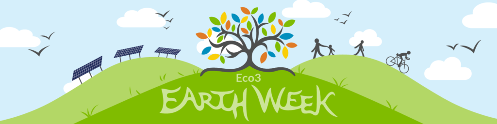 Earth Week graphic showing green hills, blue sky, solar panels, and a tree with colorful leaves