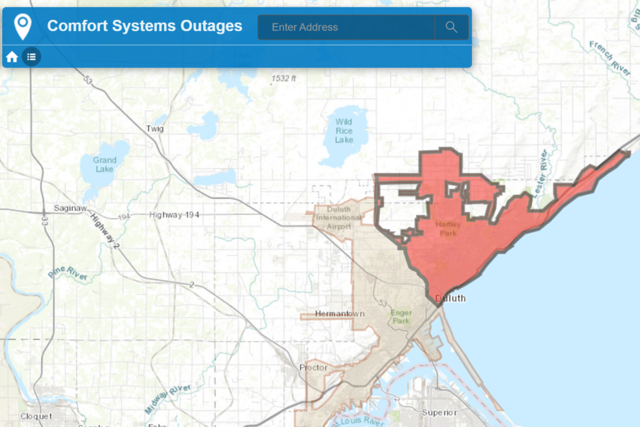 Map showing area of Duluth, east of Lake Avenue, where residents are asked to reduce their gas usage.