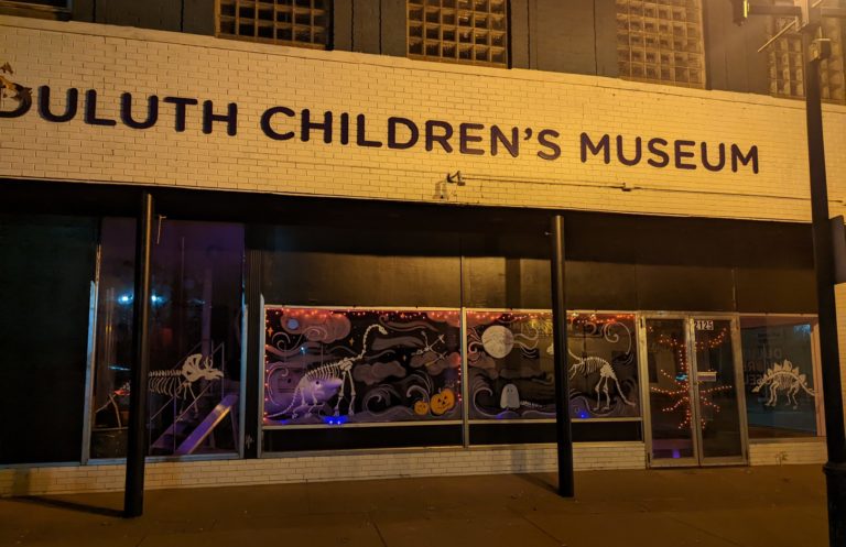 Painted skeletal dinosaurs on the windows at night with string lights