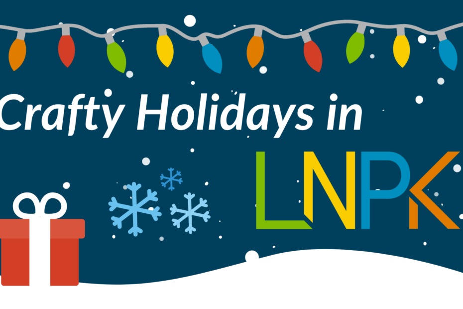 Text reads "Crafty Holidays in LNPK". Graphics of colored holiday lights and a gift box