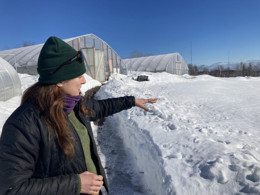 Woman in winter wear points to her left, over a field covered in snow. There are two large greenhouses in the background.