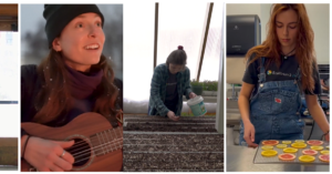 Four side by side images show young people working in the VISTA program. A man walks into City Hall, a woman smiles while playing guitar, a woman scatters soil over trays, and a woman lays out orange slices for dehydrating.