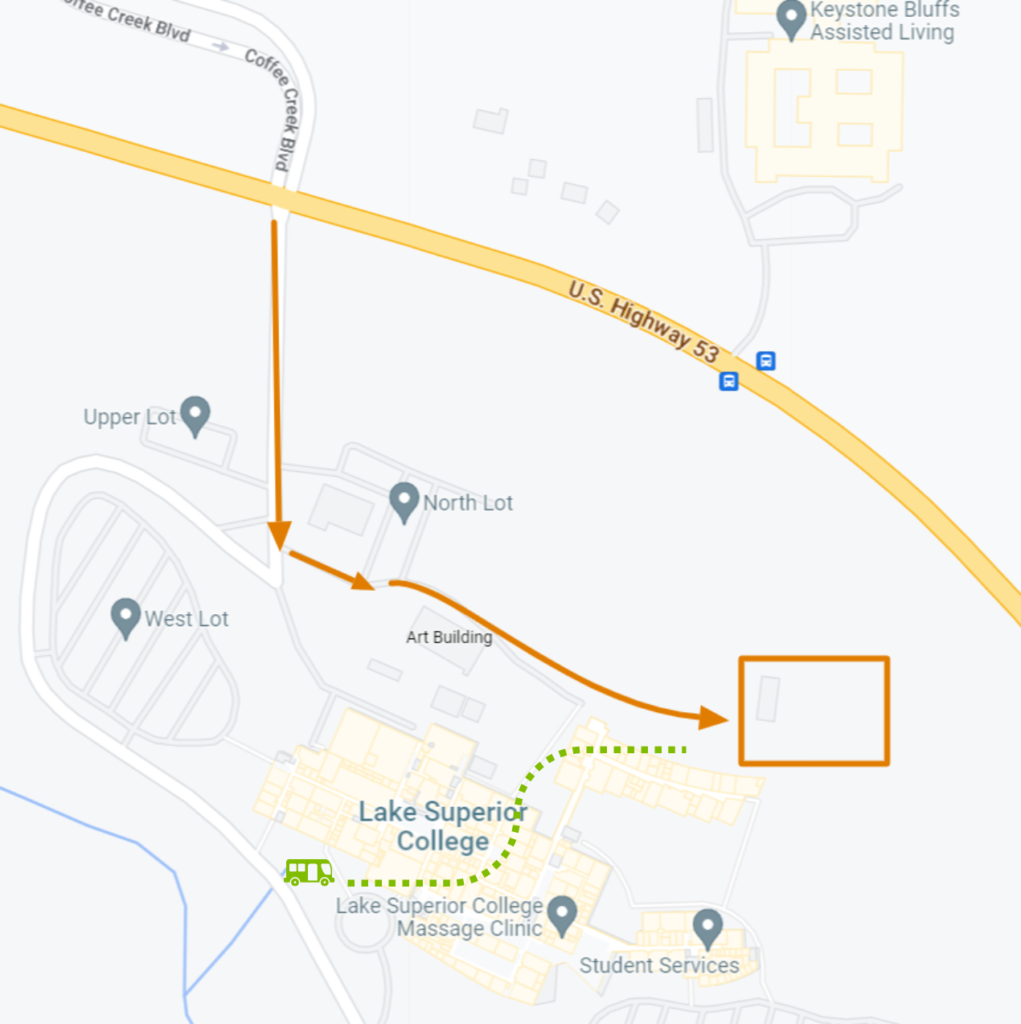 Map showing how to get to the Eco3 Urban Farm. By car, take 35 past the main entrance to Lake Superior College, turn left on Coffee Creek Rd, turn left again, and follow the road past the H building to the Farm. By bus, walk or roll from bus stop through Lake Superior College campus past the H building to the Farm.