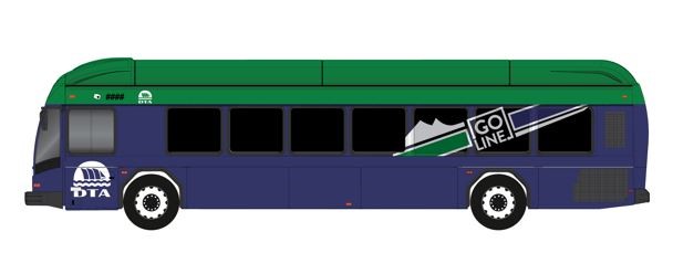 Graphic of new Go-Line bus from side. Bus is blue and green and says "Go Line" across the side.