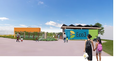 Architect rendering of entrance to Farm, showing brightly-painted storage pods, fences with vines, and solar panels. Stock images of people walking into the Farm are superimposed.