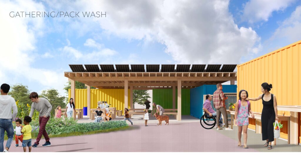 Architect rendering of entrance to Farm, showing brightly-painted storage pods, a wheelchair-height table, solar panels, and seating areas. Stock images of people are superimposed.