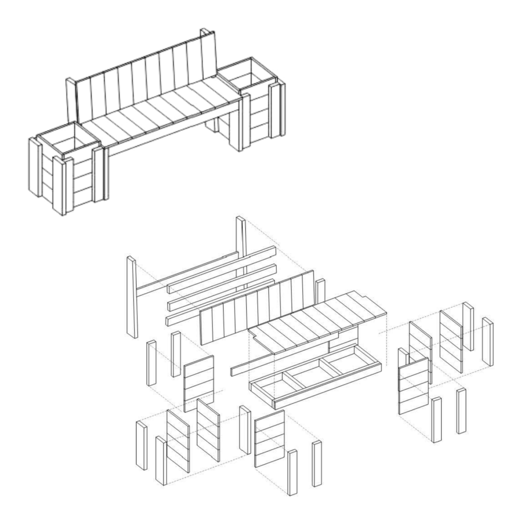 Simple line drawing of a bench with two boxes on the ends, set next to a visualization of how all the parts of the bench would fit together.