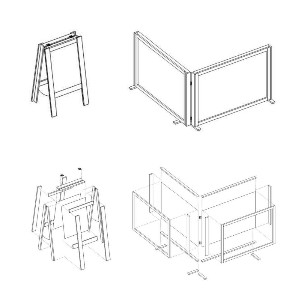 Fine line digital drawings of a simple A-frame chalkboard and freestanding lattice fences. Below each drawing is a diagram showing how pieces fit together.