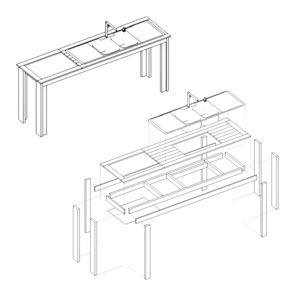 Fine line digital drawings of a simple A-frame chalkboard and freestanding lattice fences. Below each drawing is a diagram showing how pieces fit together.