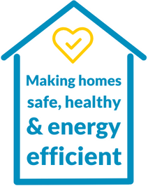 Blue graphic of a house surrounds text reading "making homes safe, healthy & energy efficient." A small yellow heart with a check inside is at the top of the house.