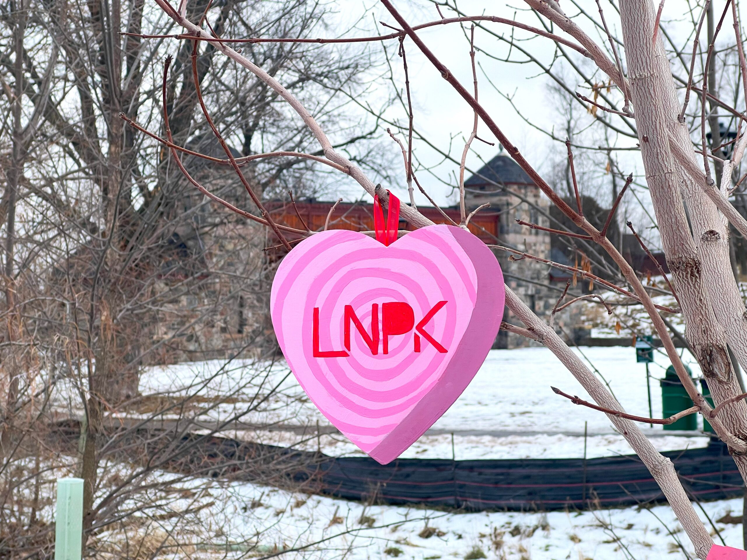 Pink heart with dark pink swirl and "LNPK" in red hangs on a tree in front of the Lincoln Park pavilion.