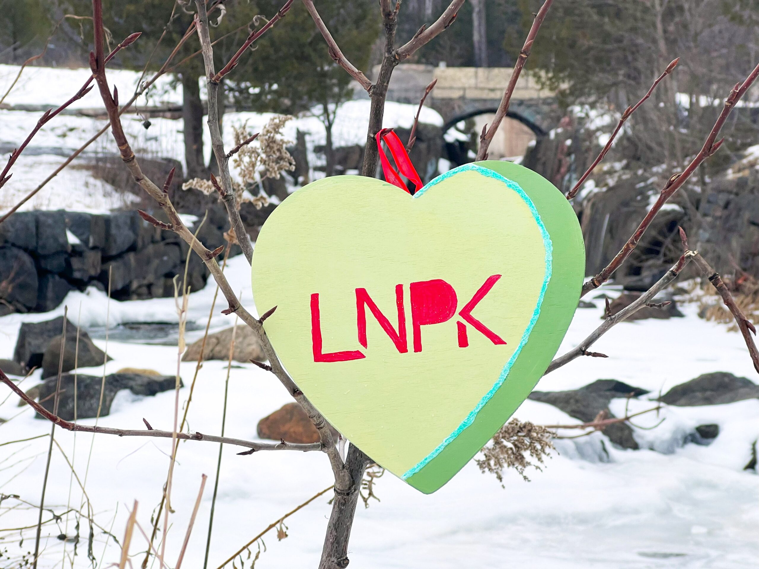 Light green heart with "LNPK" in red hangs on a tree in front of a frozen creek.