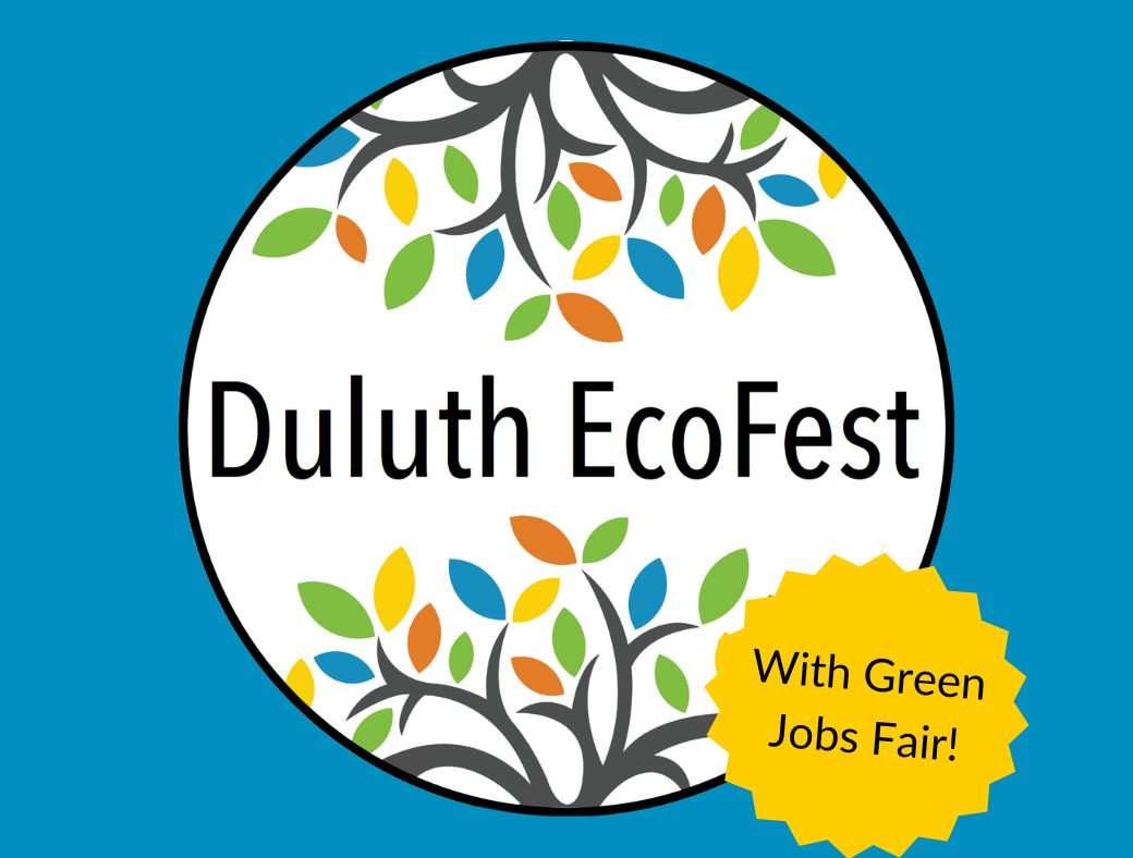 Duluth EcoFest logo on blue background. Yellow sticker reads "With Green Jobs Fair!"