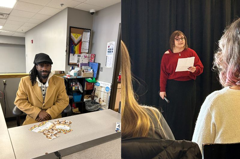 Split image: left shows a smiling person sitting at a desk, right shows as person reading from a paper for a crowd