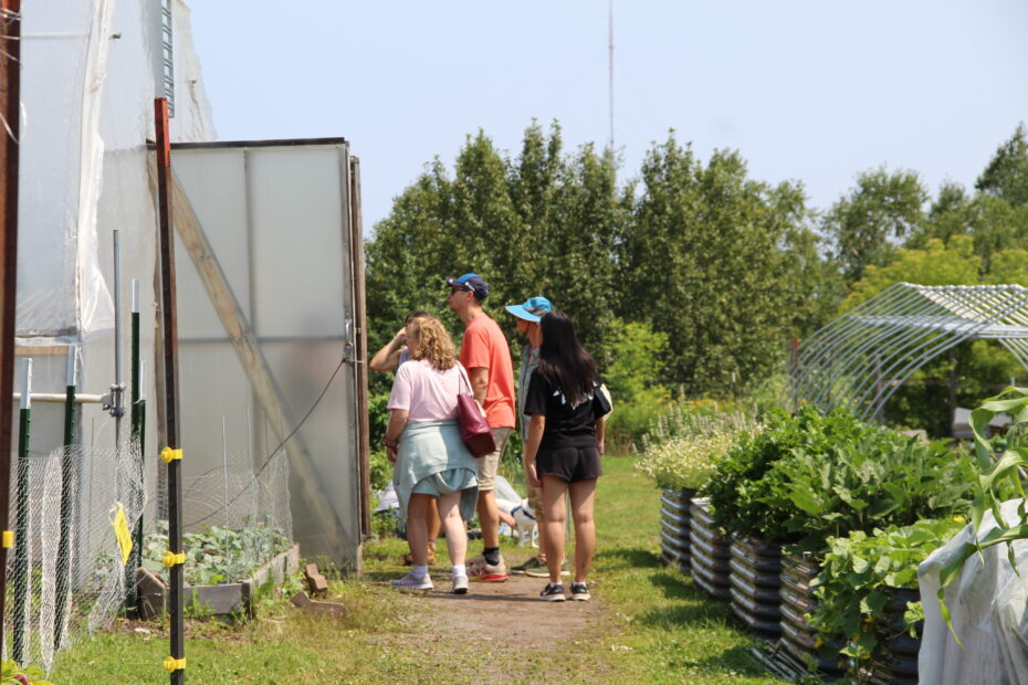 Three people walking into a high tunnel at a farm