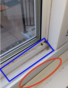 rect4520 Close up view of a windowsill. The window is the type that opens by sliding the panes left or right. There is a blue box around the space where the window would slide open. A red circle highlights a small gap between the windowpane and the window sill.